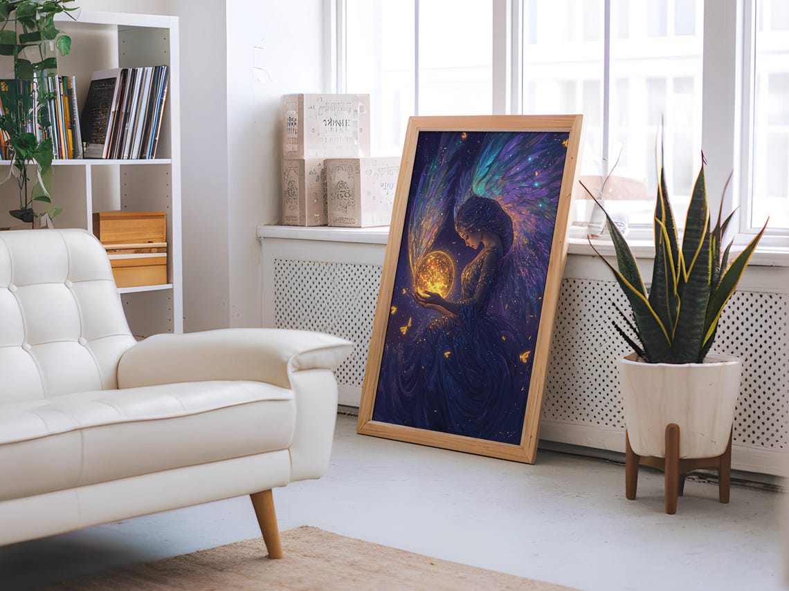 Angel Holding Glowing Moon Iridescent Wings Celestial Fantasy Poster - Image 4