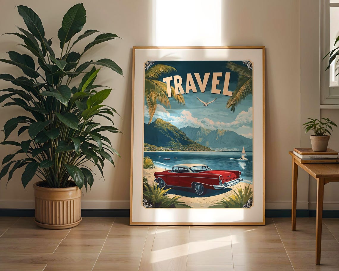 Retro Travel Classic Red Car Coastal Seaside Vacation Art Poster