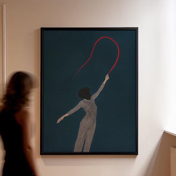 Red Ribbon Dancer Minimalist Dark Teal Elegant Movement Poster