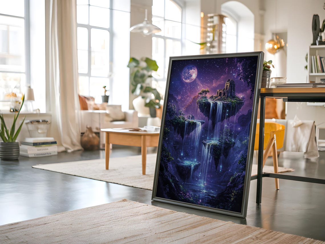Floating Island Castle Waterfalls Purple Night Fantasy Poster - Image 4