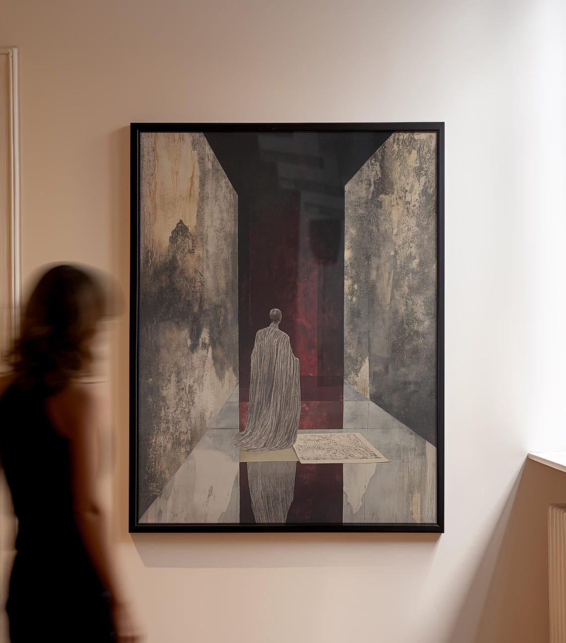 Enigmatic Corridor Robed Figure Dark Surreal Abstract Hallway Poster