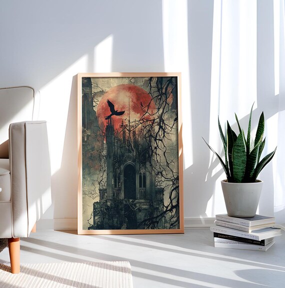 Gothic Castle Blood Moon Raven Haunted Ruins Dark Fantasy Art Poster