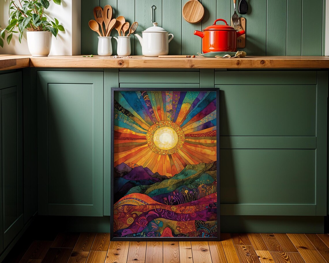Boho Sun Art Print, Colorful Sunset Mountains - Image 2