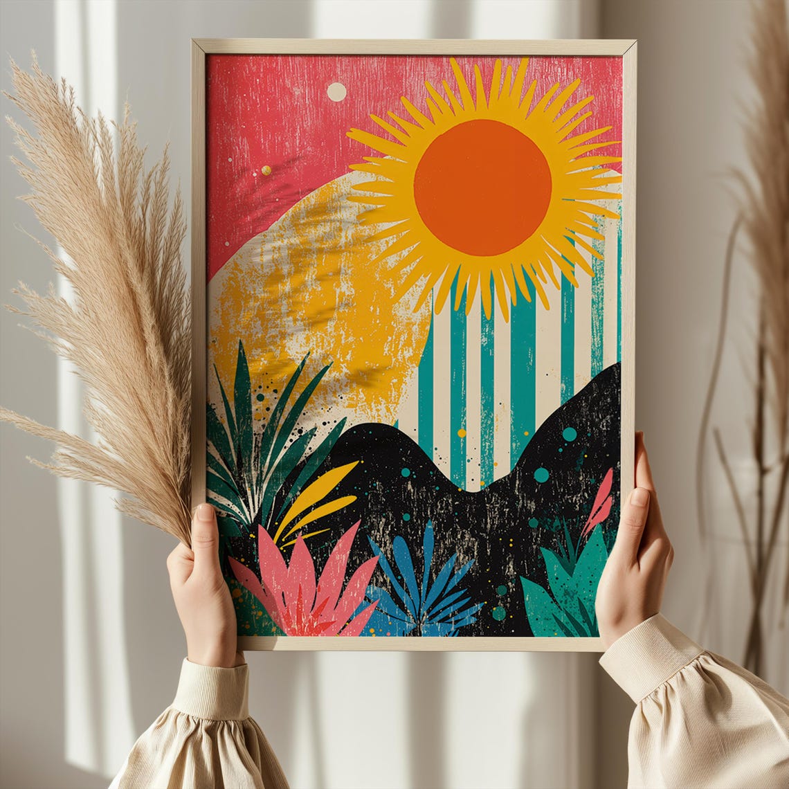 Retro Tropical Sunset Pop Art Print Bold Sun Palm Leaf Colorful - Image 2
