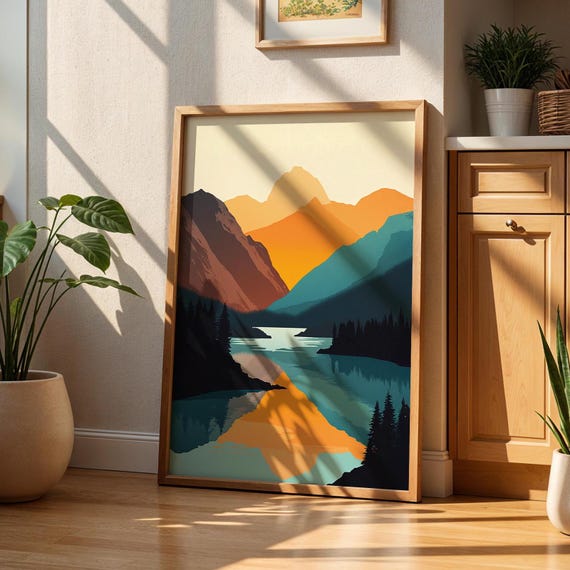 Modern Mountain Landscape Print Minimalist Nature Wall Art Sunset Lake Boho Outdoor Poster Scenic Home Decor