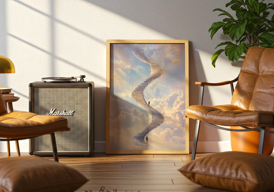 Spiral Staircase Golden Clouds Climbers Dreamlike Ascension Art Poster - Image 5