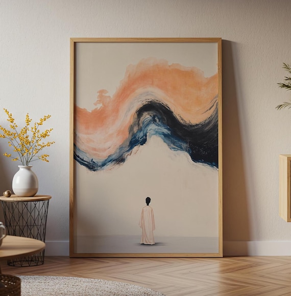 Minimalist Dreamscape Figure Before Peach Wave Quiet Contemplative Wall Art