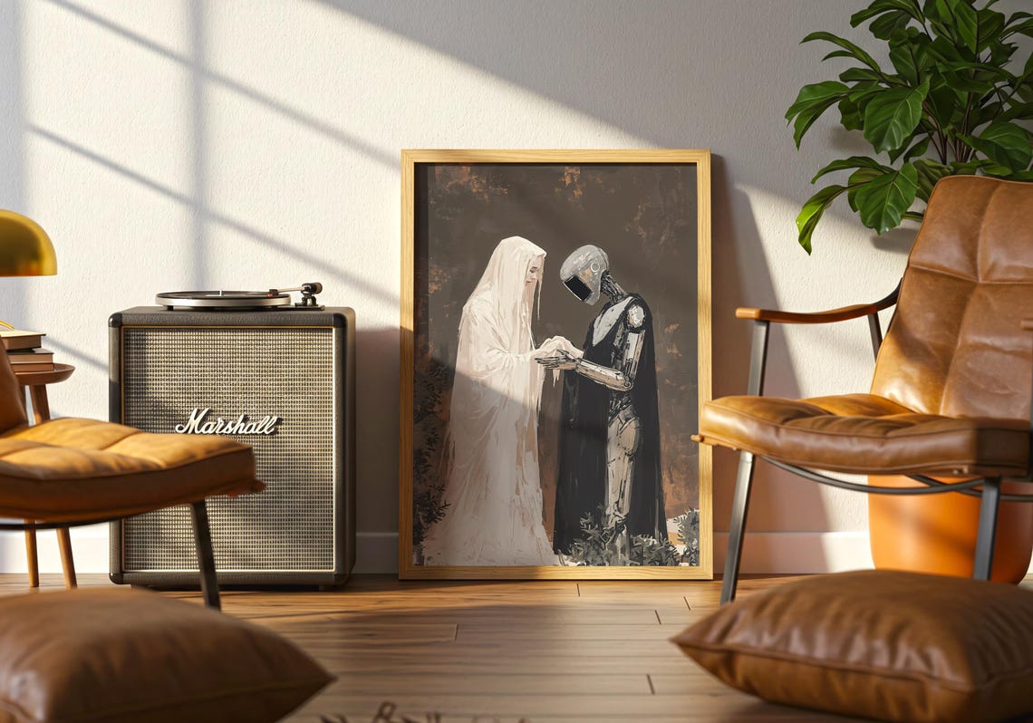 Ghostly Veiled Figure Holding Hands with a Cloaked Robot Art Poster - Image 5