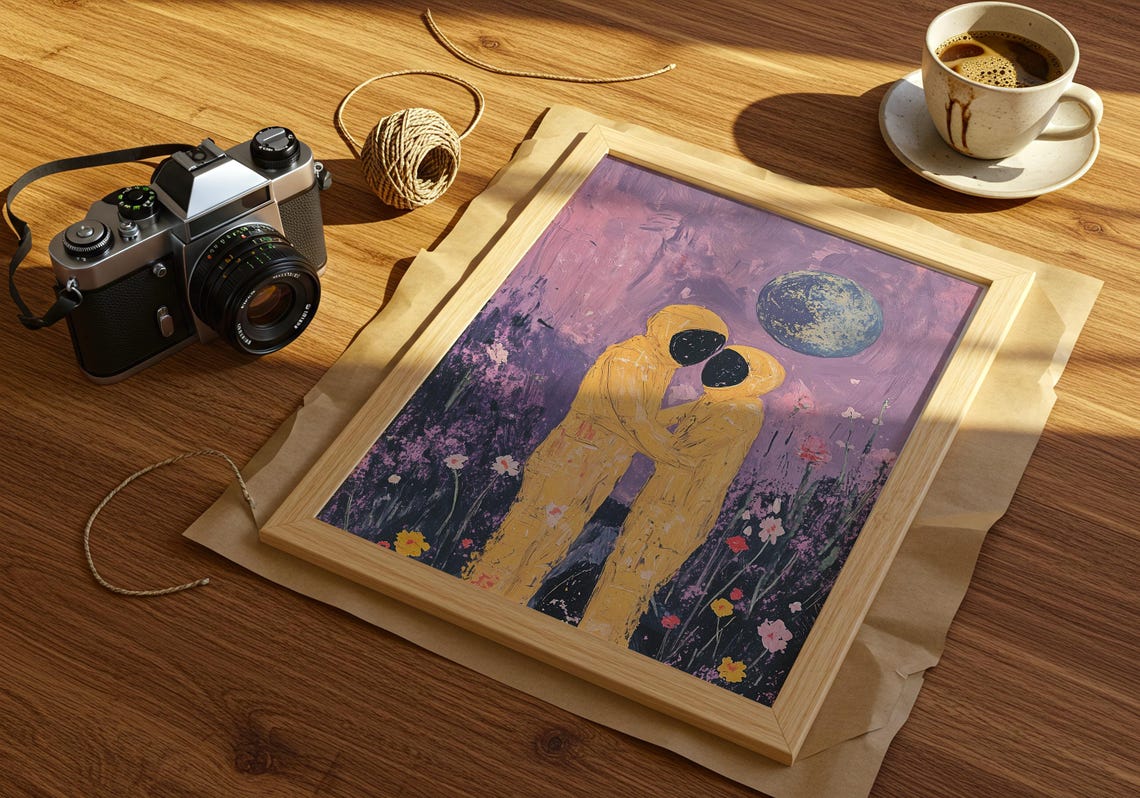 Astronaut Lovers Embracing in a Flower Field Under a Big Moon Poster - Image 2