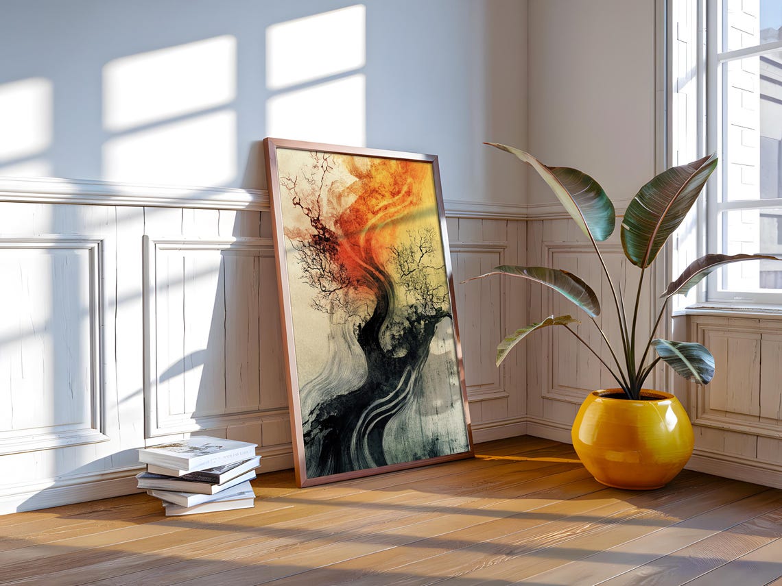 Burning Tree Abstract Fiery Smoke Gold Background Surreal Art Poster - Image 2