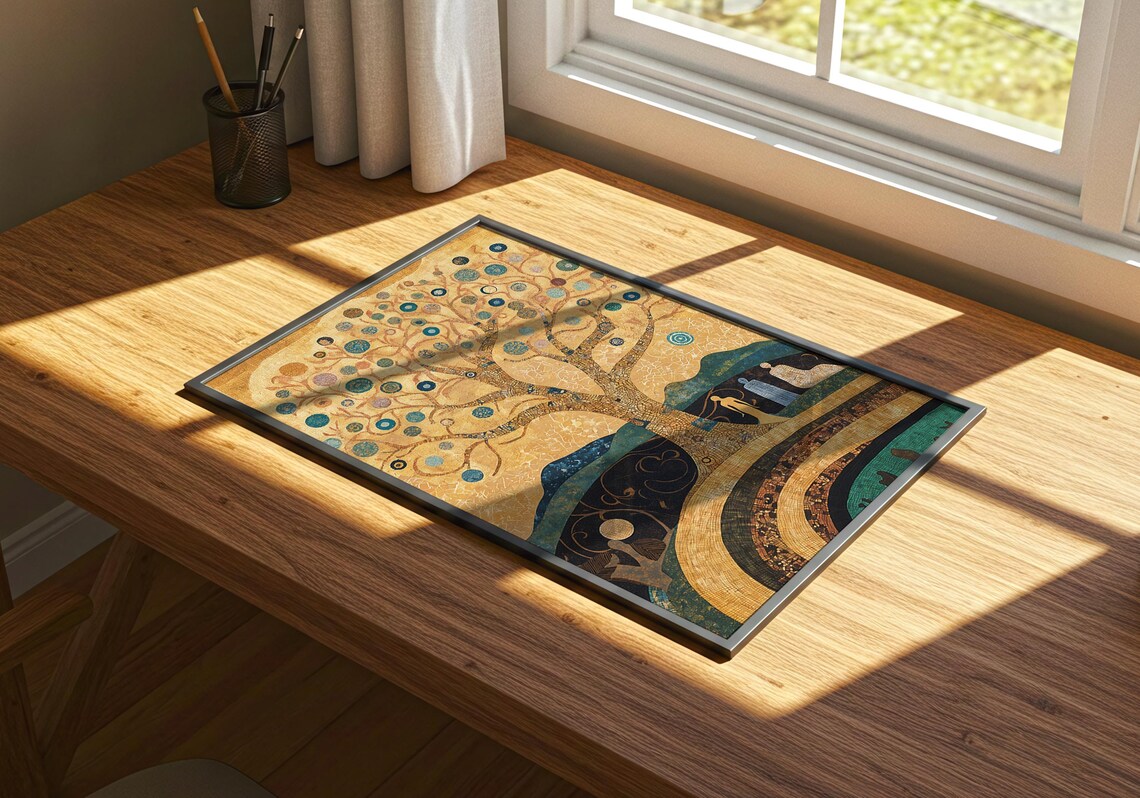 Golden Tree of Life Mosaic Teal Hills Fantasy Landscape Klimt Style Wall Art - Image 3