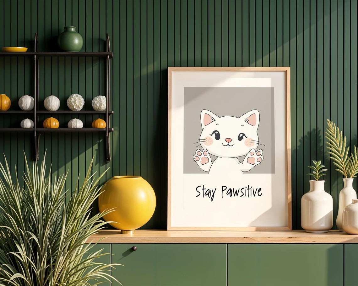 Stay Pawsitive Art Print Cute Cat Motivational Poster Kawaii Animal Wall Whimsical Nursery Office Decor - Image 5