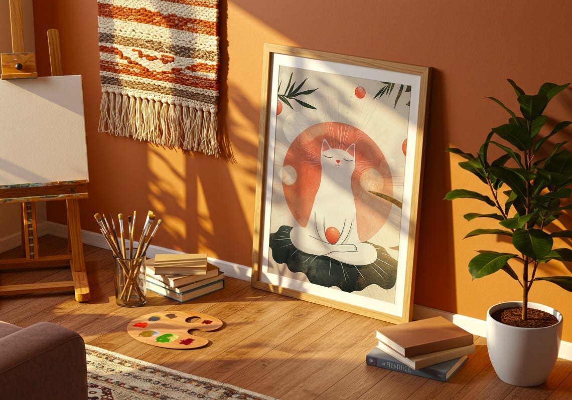 White Cat in Lotus Meditation Pose with Red Sun and Leaves Art Poster - Image 4