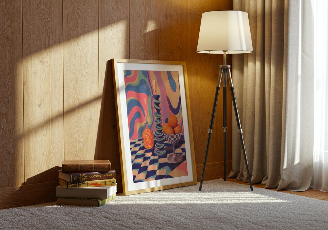 Colorful Still Life Candle Oranges Checkerboard Retro Poster - Image 4