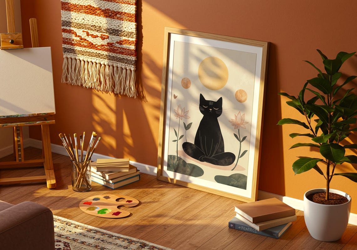 Black Cat Meditating in Lotus Pose with Golden Sun Boho Art Poster - Image 4
