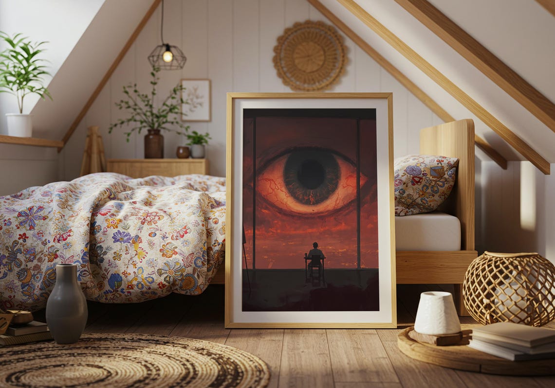 Giant Cosmic Eye Watching Tiny Figure Dark Red Surreal Gaze Poster - Image 5