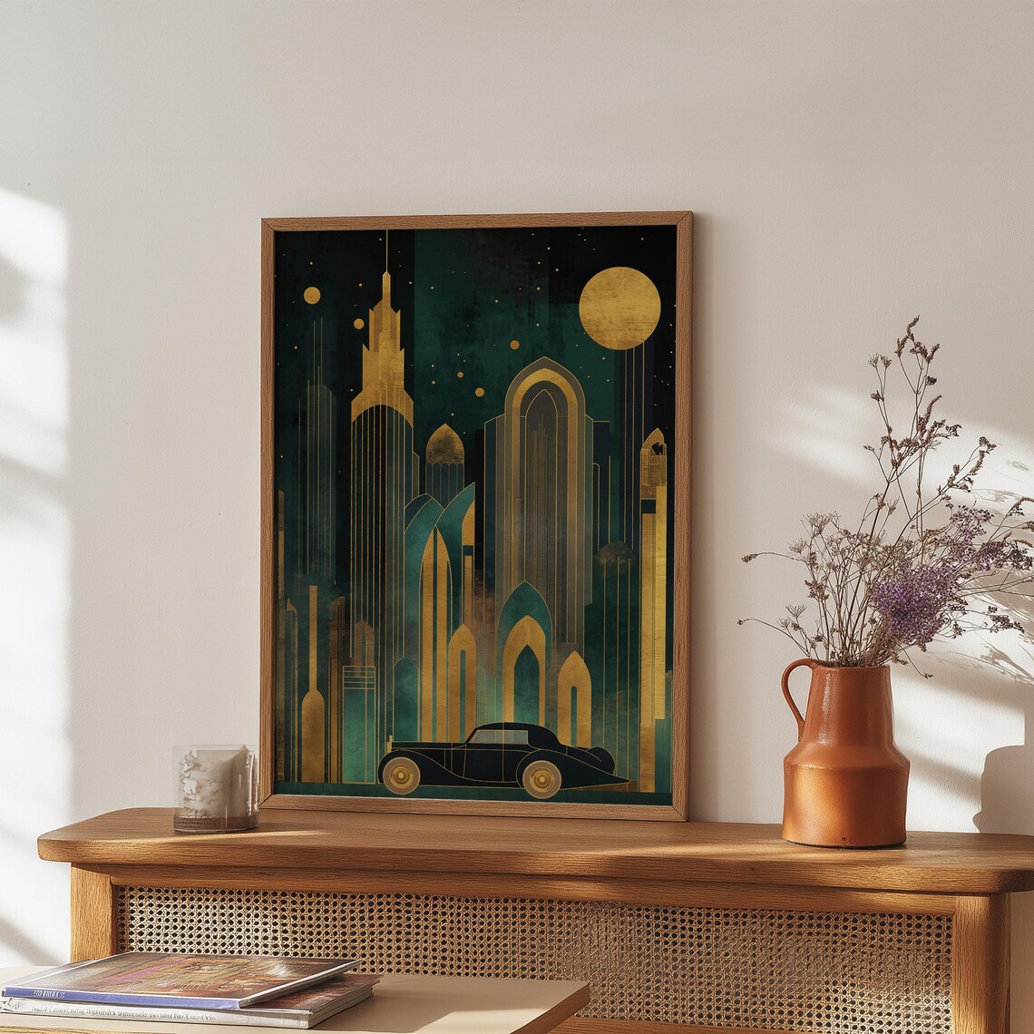 Art Deco Gold Skyscrapers Night Vintage Car Geometric Skyline Glamour Wall Art - Image 5