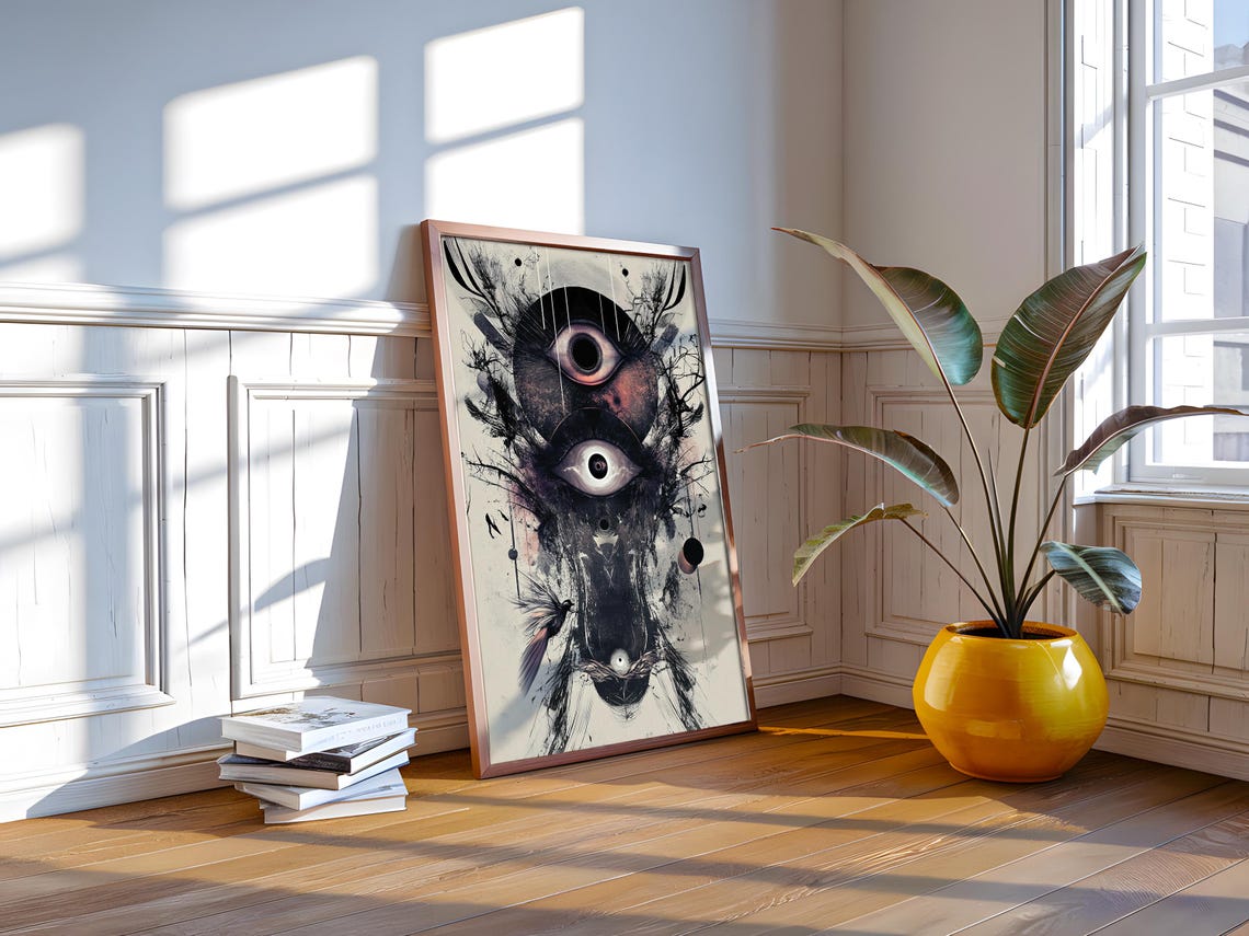 Celestial Eyes Mystical Owl Ink Drawing Dark Fantasy Art Poster - Image 3