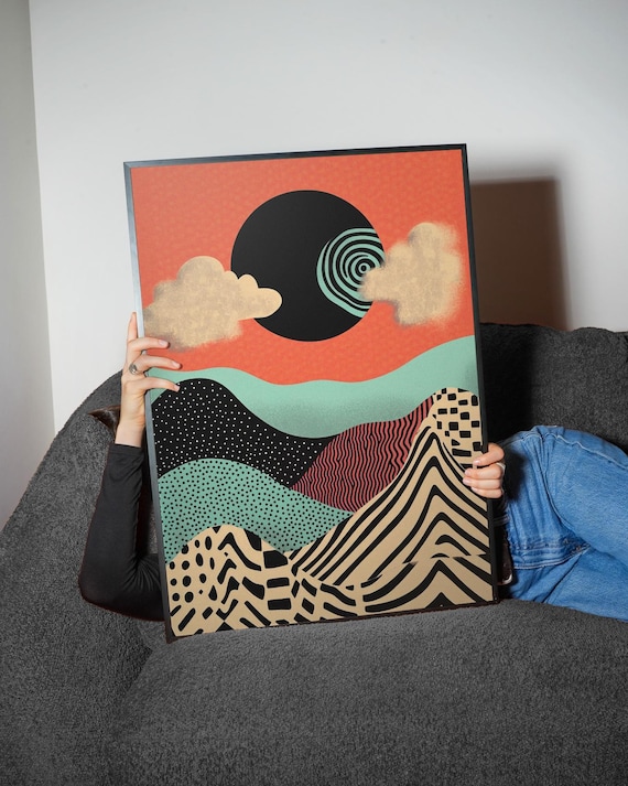 Retro Pop Abstract Landscape Print Bold Sunset Patterned Hills Modern Geometric Wall Art