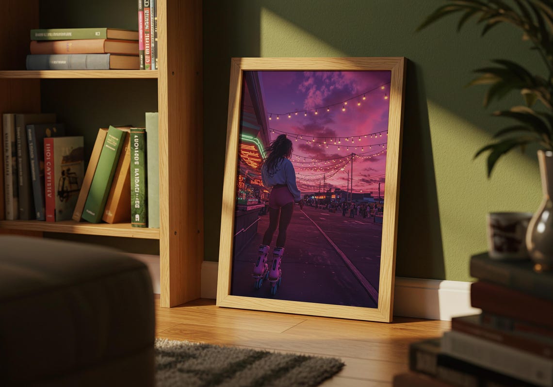 Roller Skater Sunset Boardwalk String Lights Retro Neon Art Poster - Image 3