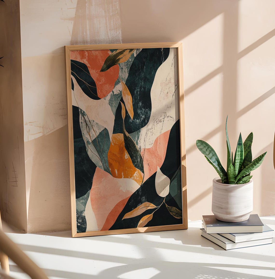Earthy Abstract Leaves Terracotta Green Textured Modern Art Poster