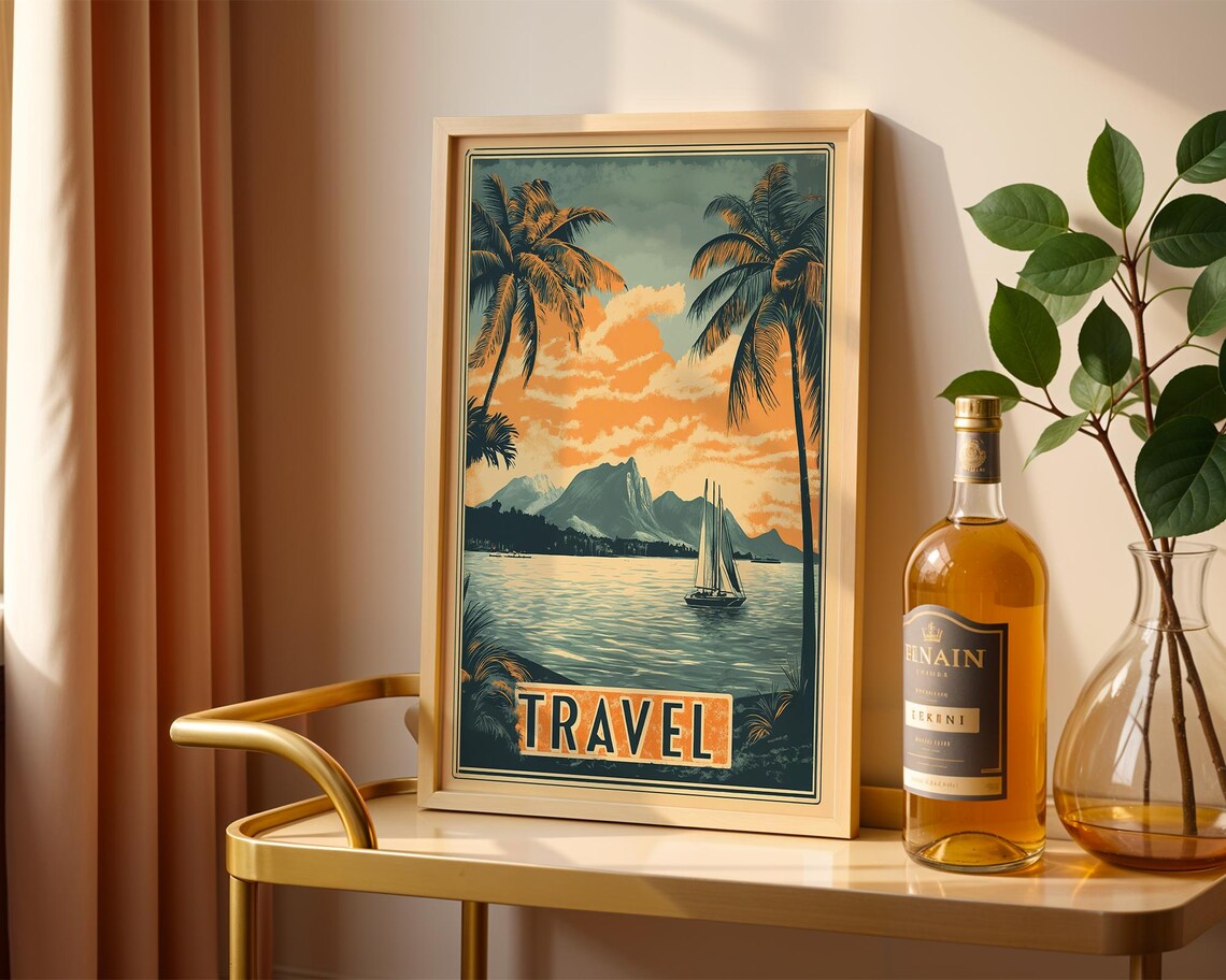 Vintage Travel Tropical Paradise Sunset Sailboat Coastal Art Poster - Image 3