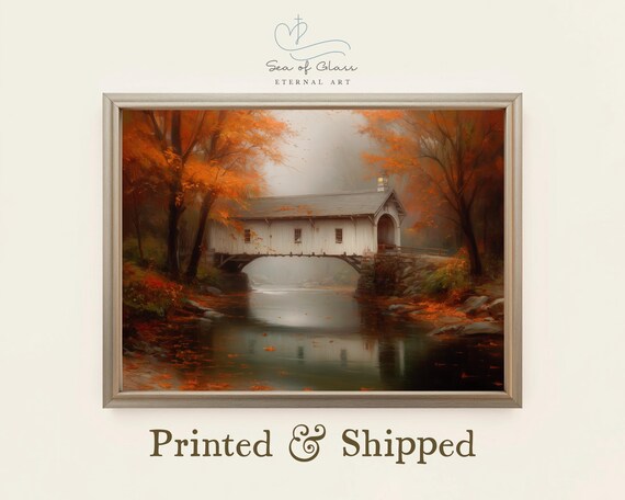 White Covered Bridge Over River Autumn Landscape Oil Painting Poster