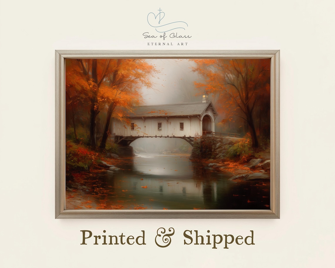 White Covered Bridge Over River Autumn Landscape Oil Painting Poster
