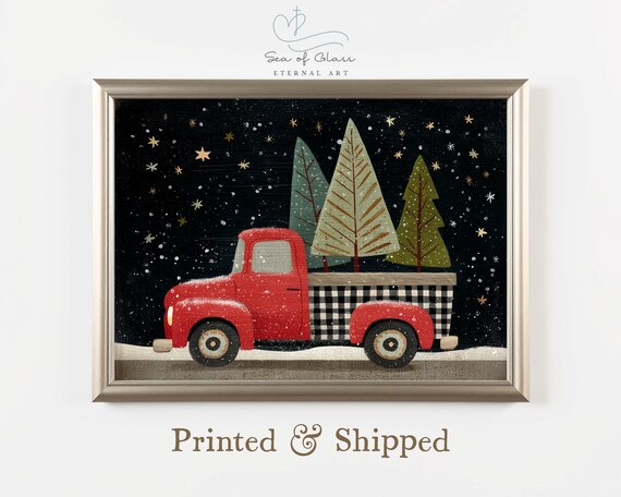 Vintage Red Truck Hauling Christmas Trees Snowy Night Farmhouse Poster