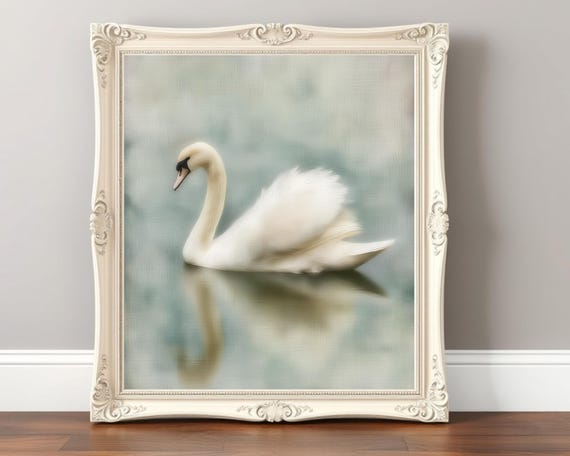 Elegant Swan Painting Vintage Pastel Blue Bird Art French Country Style Artwork Nursery Decor