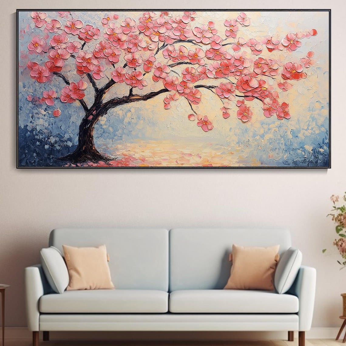 Pink Blossom Tree Horizontal Panoramic Cherry Painting Poster