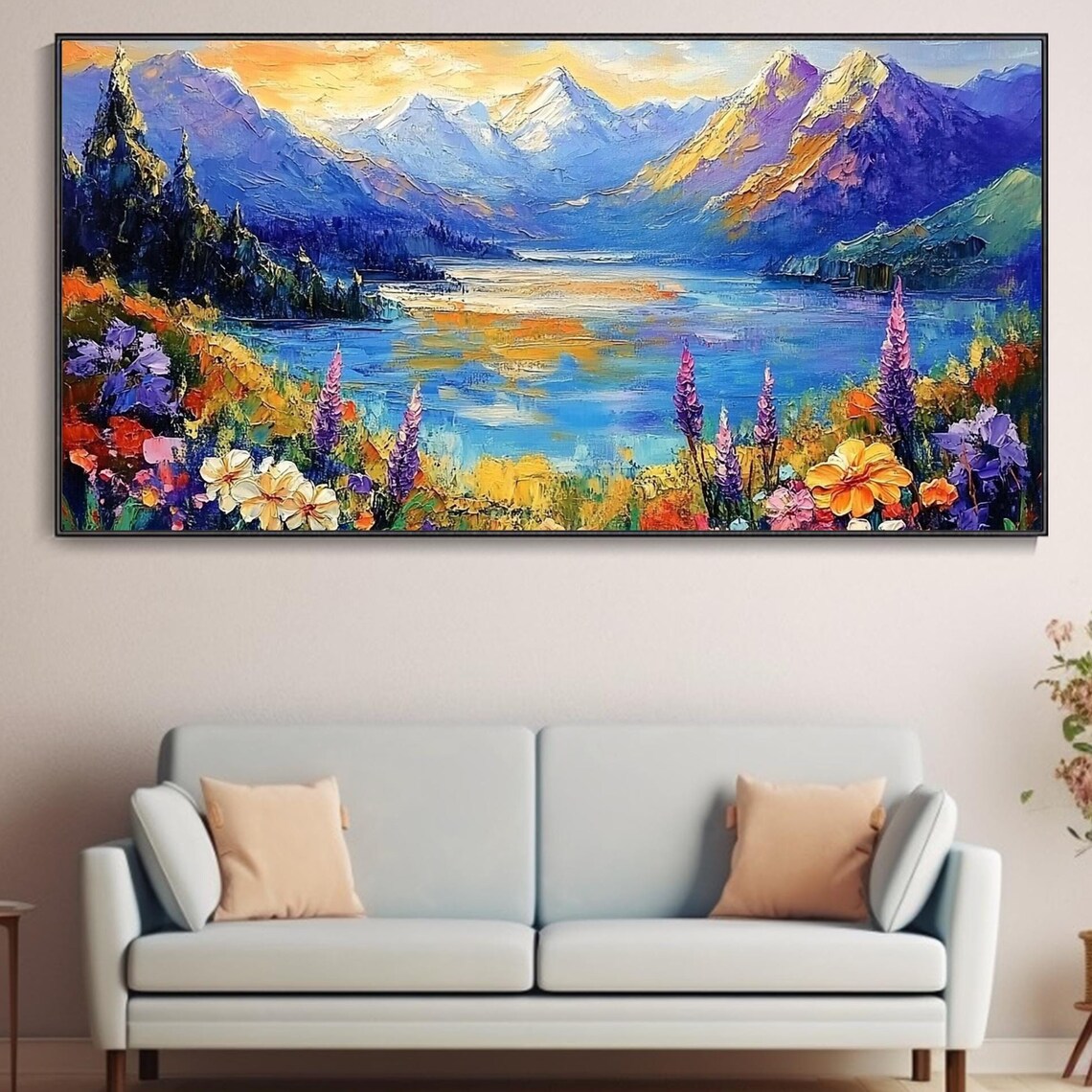 Wildflower Meadow Mountain Lake Sunset Purple Peaks Landscape Poster