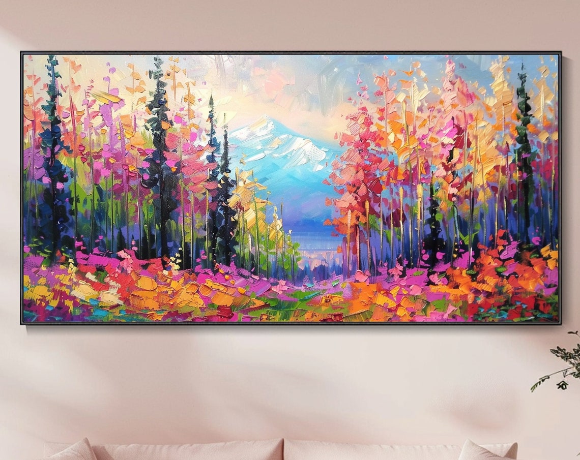Colorful Autumn Forest Path to Snowy Mountain Textured Art Poster