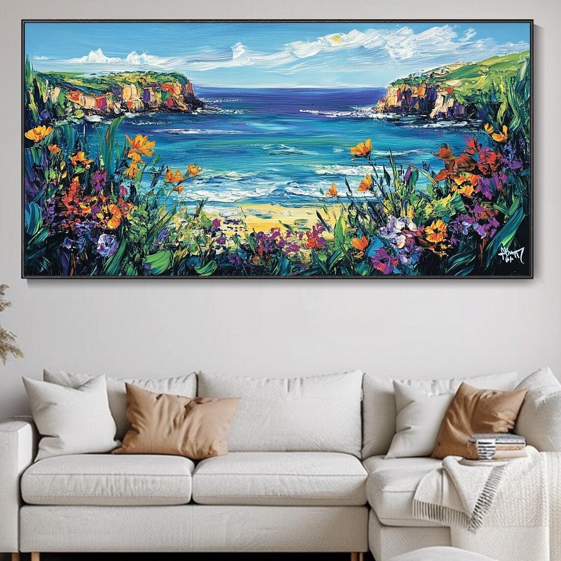 Coastal Cliffs Wildflowers Turquoise Sea Cove Impasto Painting Poster