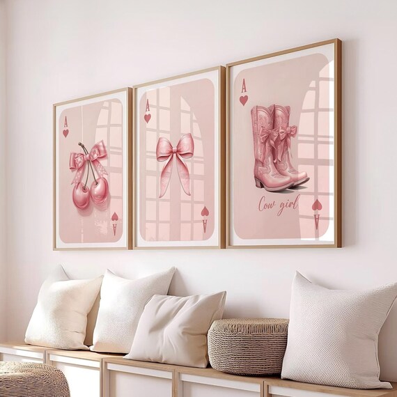 Pink Playing Card Wall Art Set Trendy Cowgirl Wall Prints Feminine Heart Ace Poster Trio Modern Cherry And Bow Decor