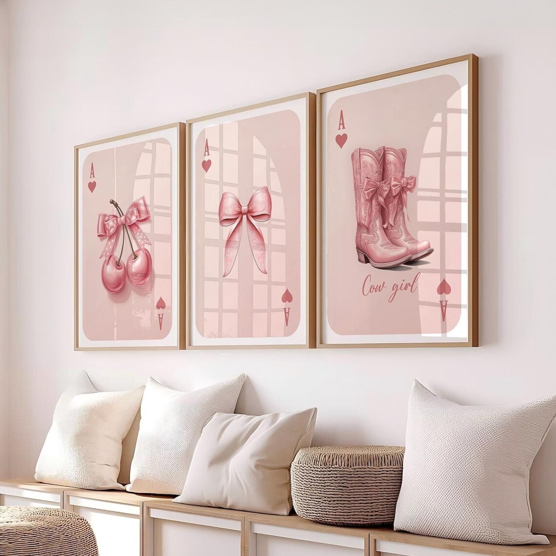 Pink Playing Card Wall Art Set Trendy Cowgirl Wall Prints Feminine Heart Ace Poster Trio Modern Cherry And Bow Decor
