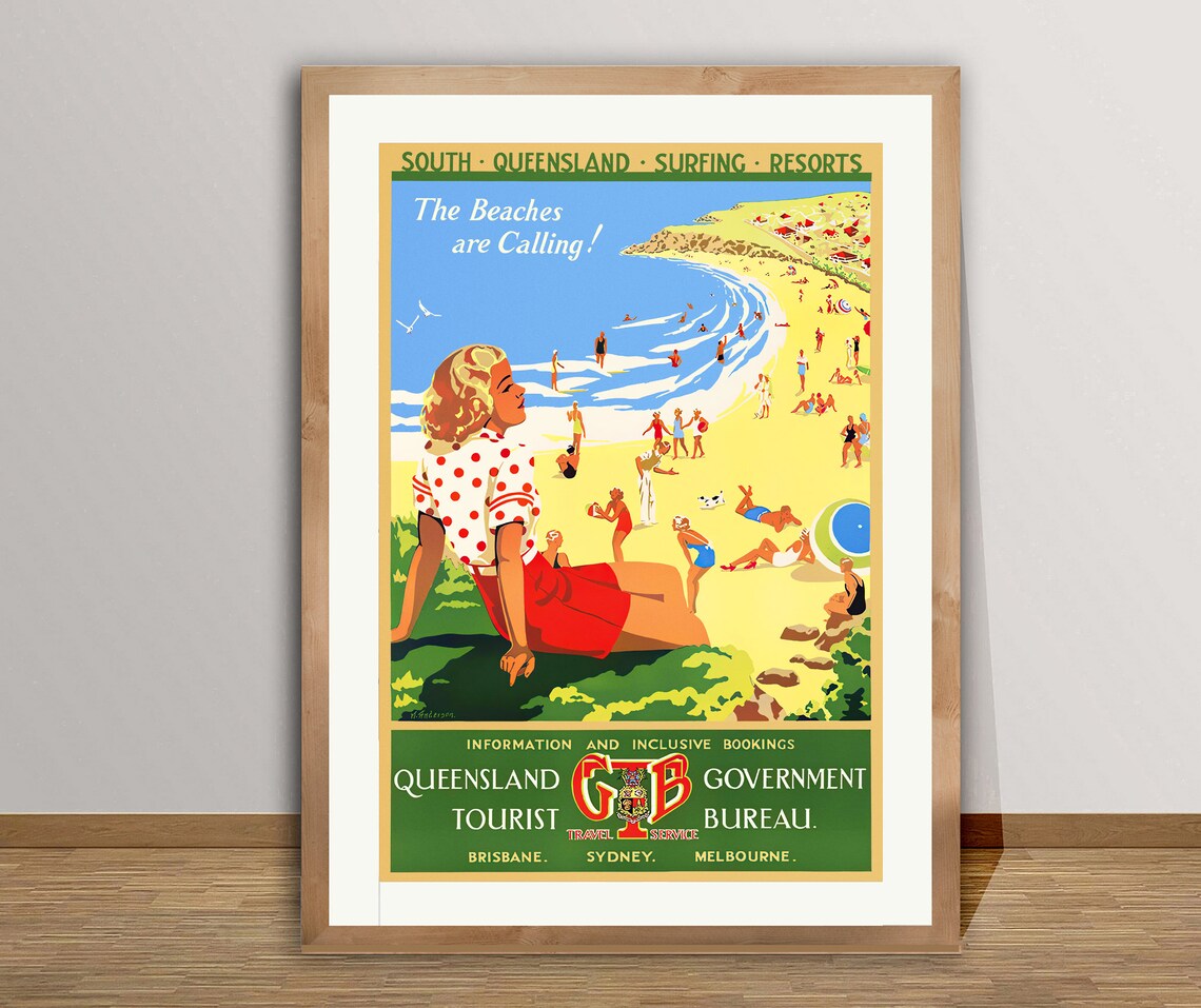 South Queensland Vintage Travel Poster, Beach Calling