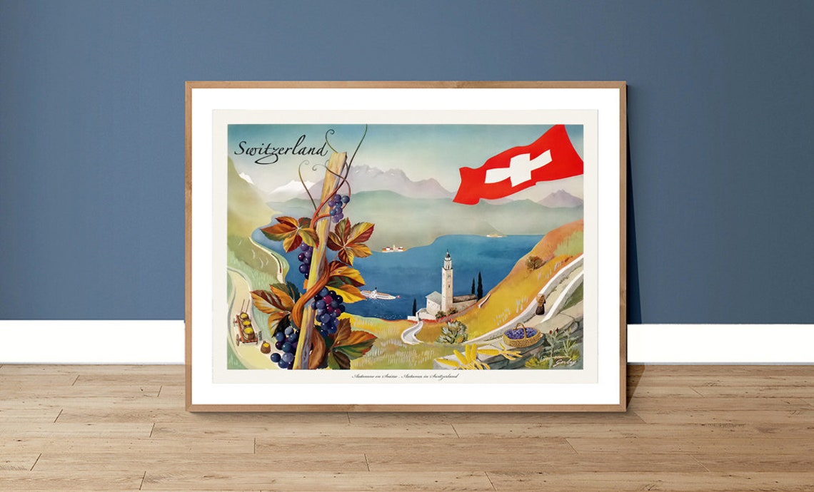 Switzerland Lakeside Vineyard Harvest Vintage Swiss Travel Poster