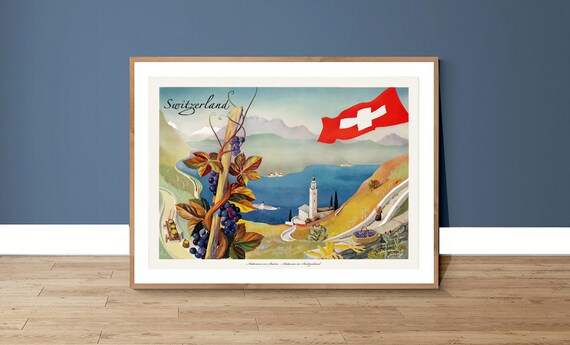 Switzerland Lakeside Vineyard Harvest Vintage Swiss Travel Poster