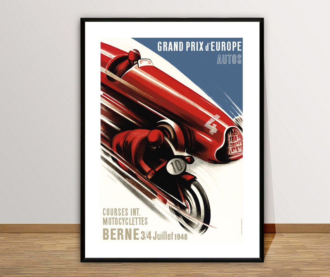 1948 Bern Grand Prix Europe Auto and Motorcycle Race Vintage Poster
