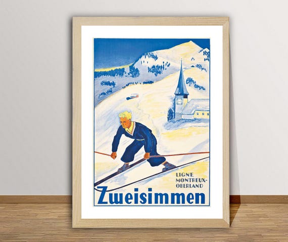 Zweisimmen Ligne Montreux Oberland Suisse Vintage Travel Poster Wintersport Suisse Poster Gift Idea Wall Decor