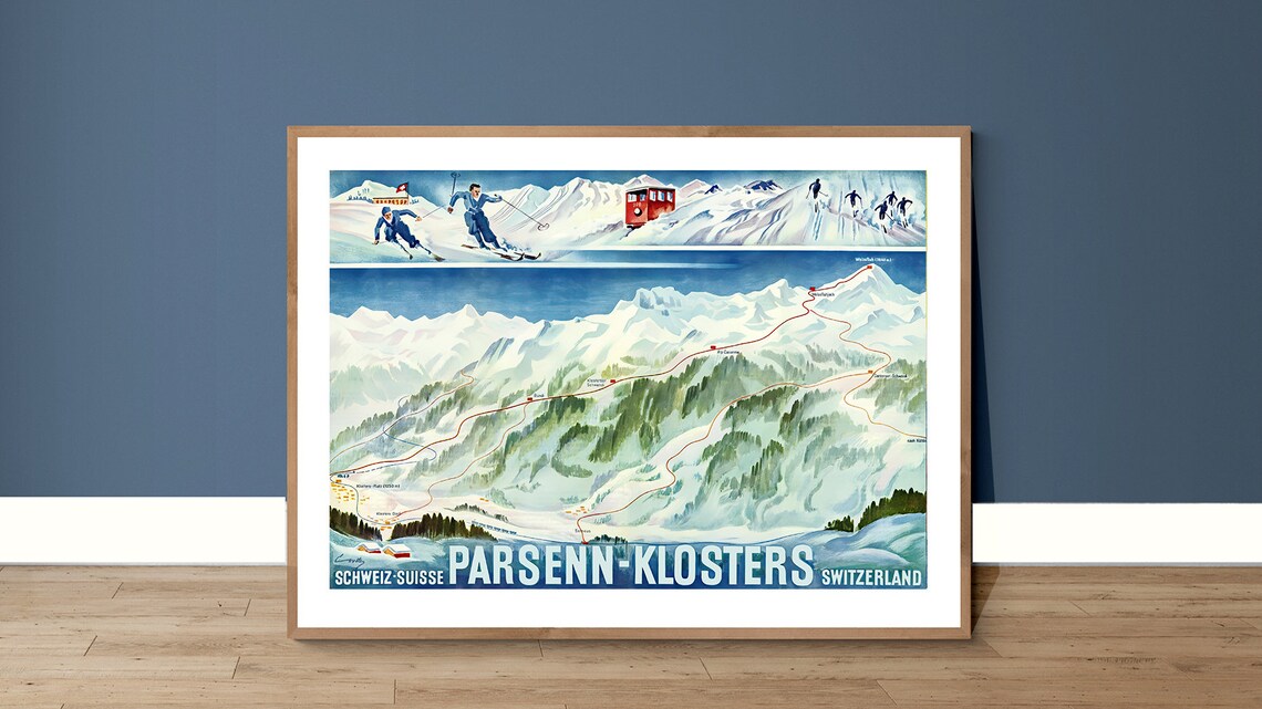 Parsenn Klosters Switzerland Vintage Ski Travel Poster