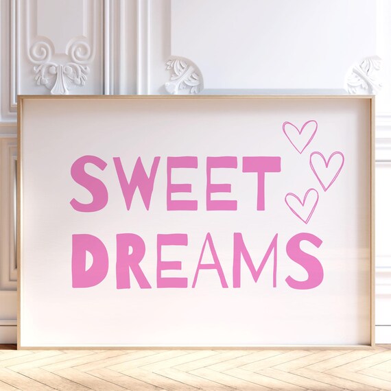 Sweet Dreams Bright Pink Lettering with Doodle Hearts Nursery Wall Art