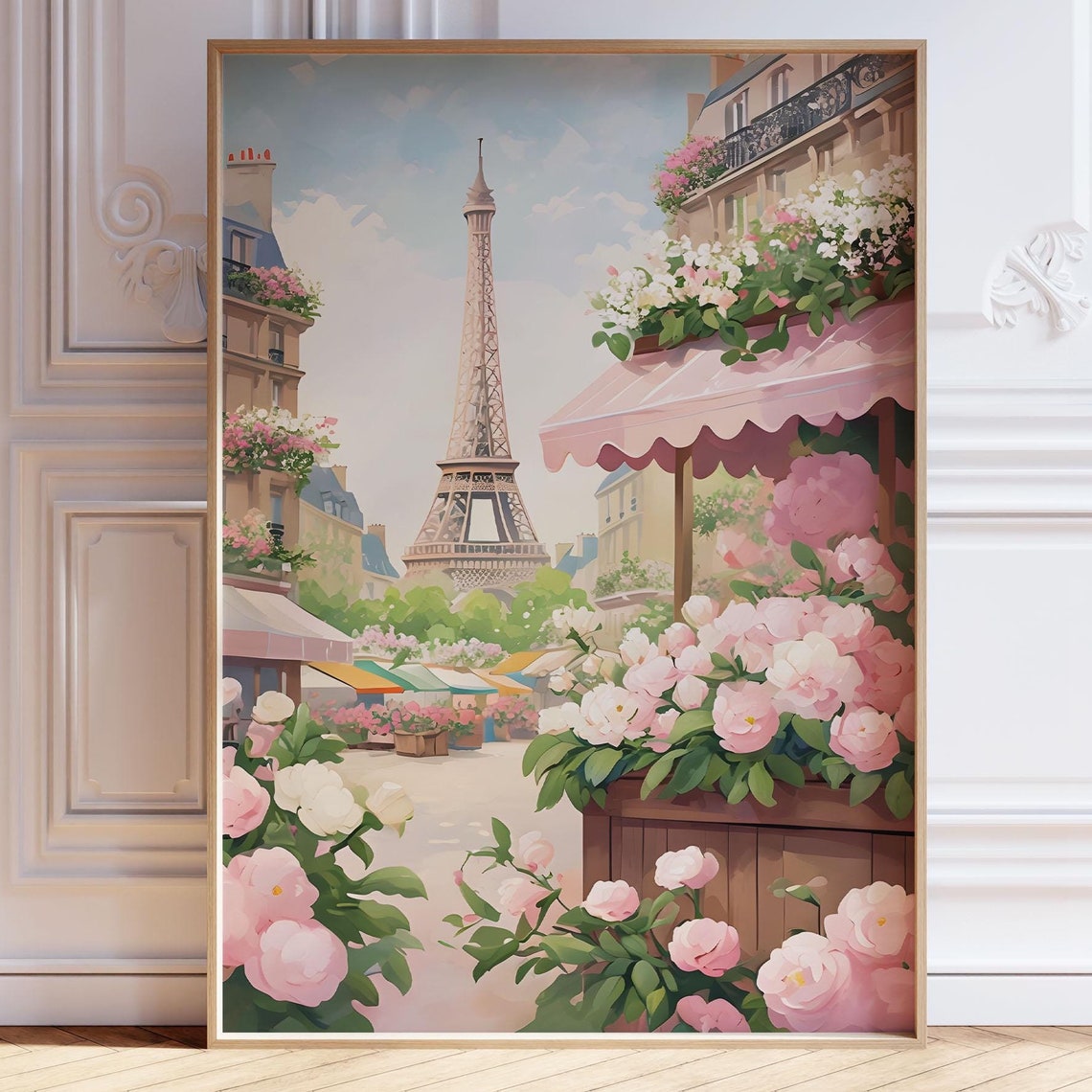 Eiffel Tower View Past a Pink Flower Shop in Paris Spring Art Poster