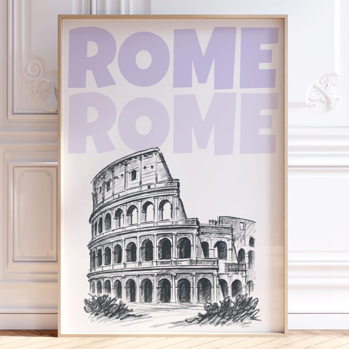 Rome Colosseum Sketch Art Print with Bold Lavender Typography Design