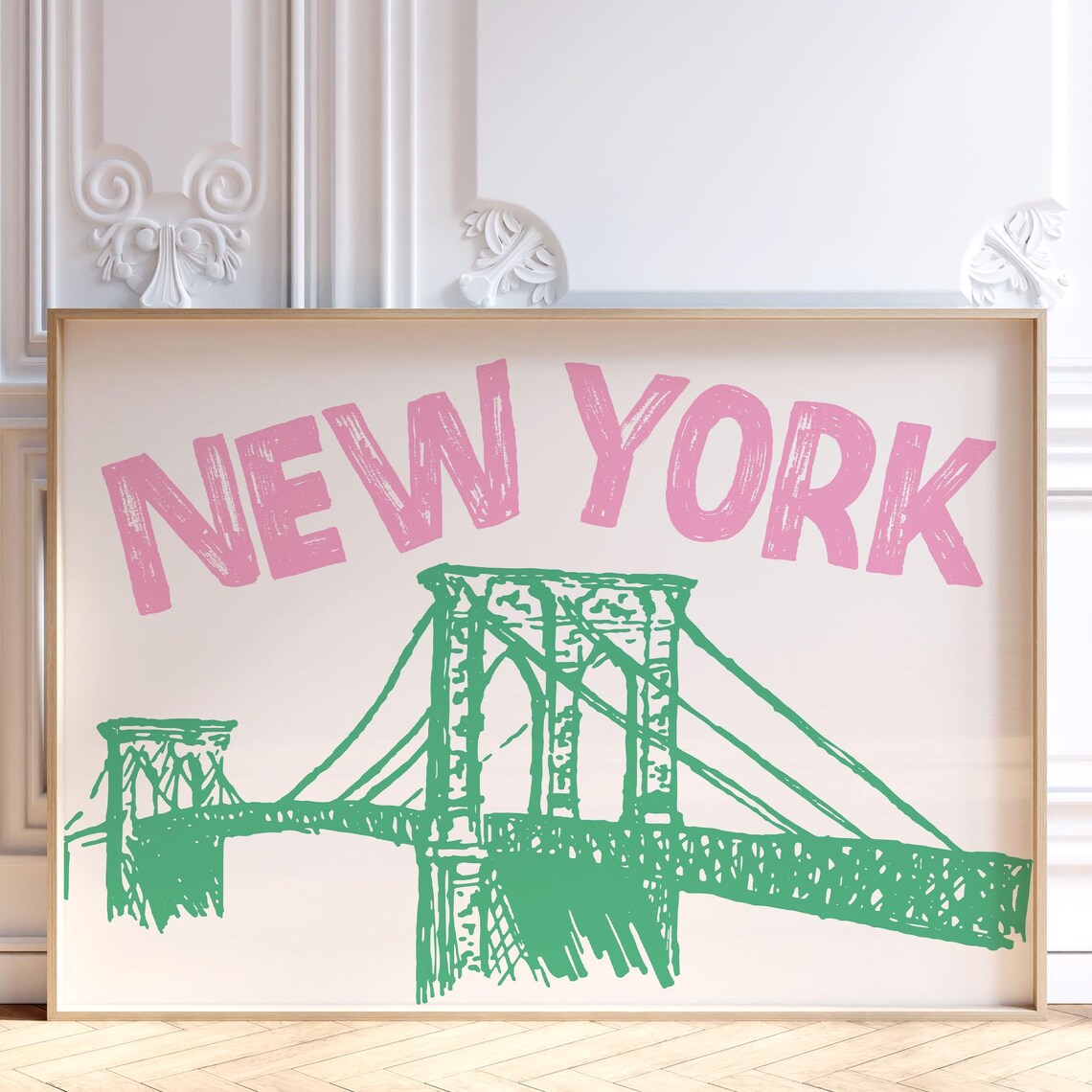 New York Brooklyn Bridge Pink Green Hand Drawn Travel Poster