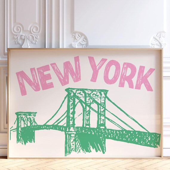 New York Brooklyn Bridge Pink Green Hand Drawn Travel Poster