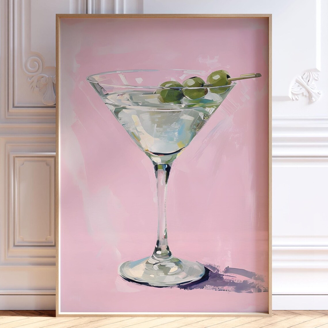 Martini Glass with Olives Pink Cocktail Bar Cart Painting Poster