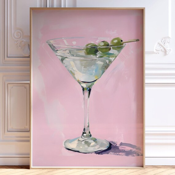 Martini Glass with Olives Pink Cocktail Bar Cart Painting Poster