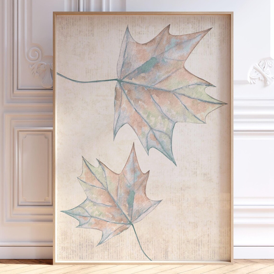 Watercolor Maple Leaves Neutral Orange Teal Botanical Art Poster